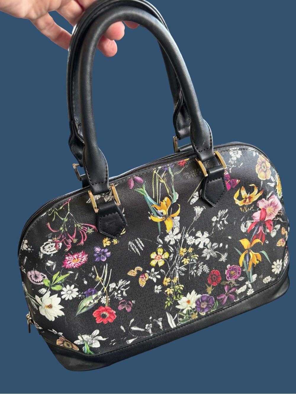 Black Floral Print Dome Satchel Handbag in new condition.